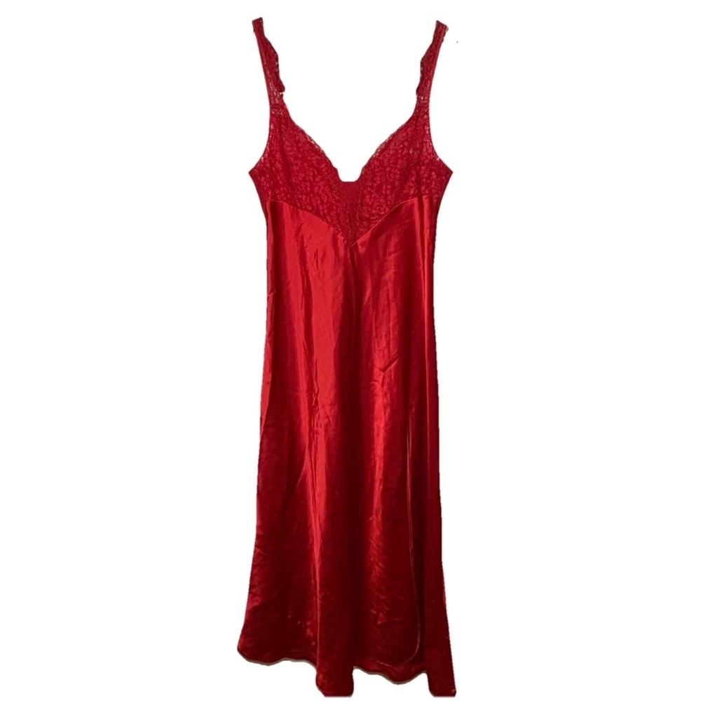 VTG Victoria Secret Gold Label Red Nightgown Chemise Slip Maxi Large Lace Satin